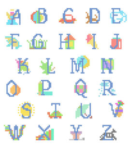 lettres de l'alphabet faites en point de croix avec un petit décor propre à chacune